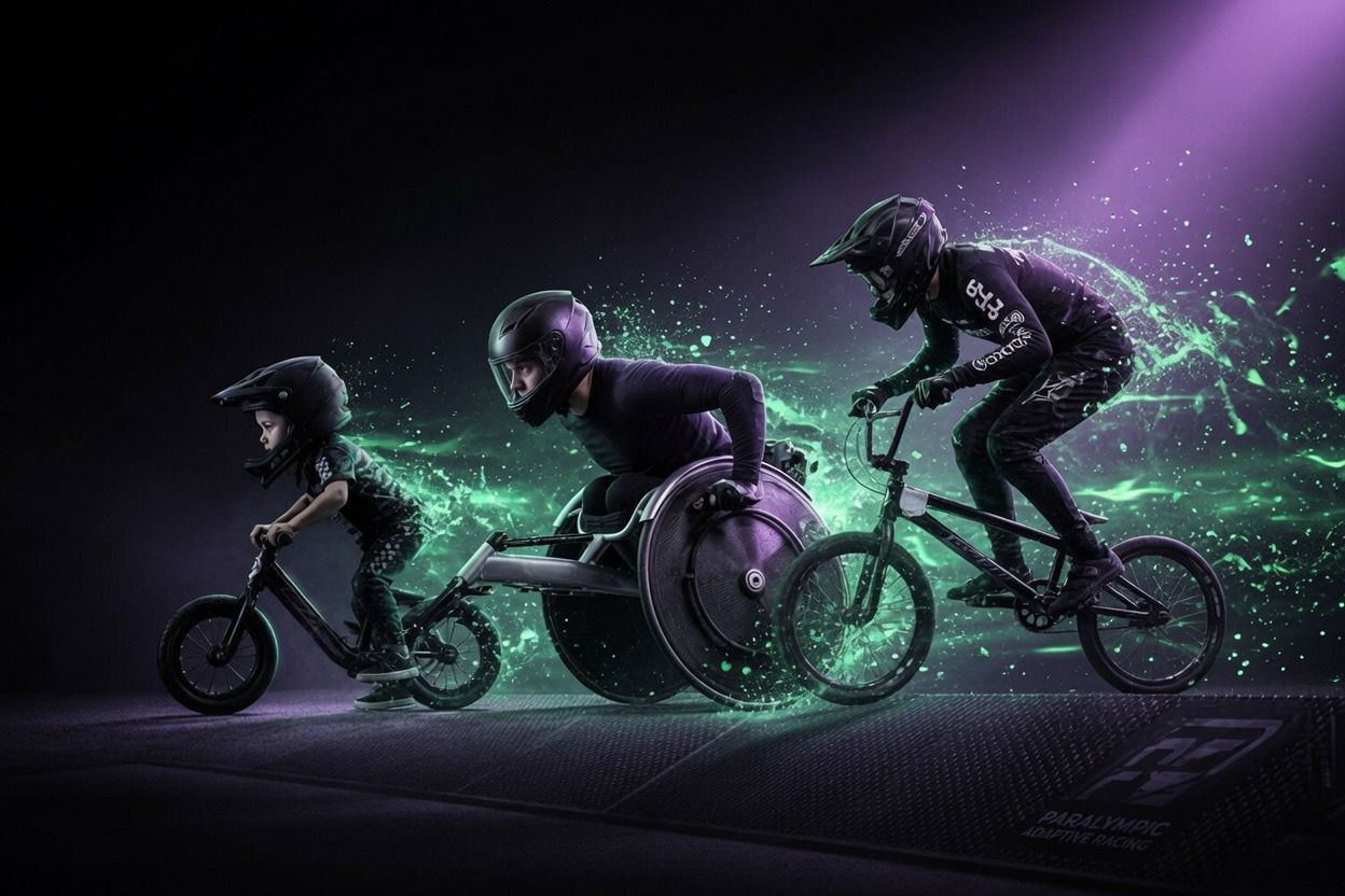 Walkbike, Handbike and BMX riders bursting through purple and mint energy